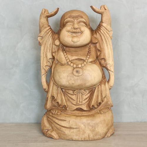 Oriental Galerie Figur Happy Buddha Massiv China Skulptur Sitzend Budai Deko Dekoration Buddhismus Holzfigur Natur ca. 50 cm von Oriental Galerie