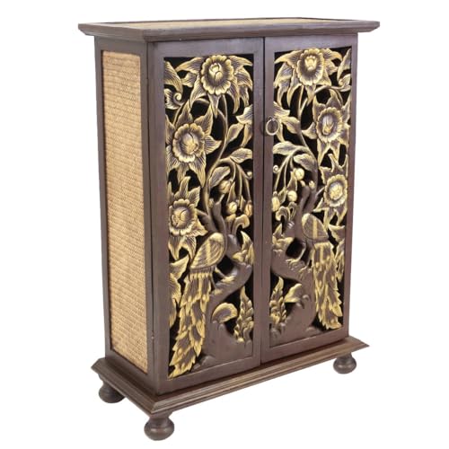 Oriental Galerie Schrank Wandschrank Holzschrank Kommode Carving 90 cm Blattgold Holz Rattan Braun Gold Schnitzerei Blumen mit Vogel von Oriental Galerie