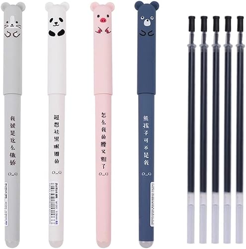 Oriental riverkit Gelschreiber Kugelschreiber 4 mit 5 Schwarze Nachfüllungen, Süße Schweine Panda Löschbare Gel Stift Schwarz 0,35 mm Tintenschreiber Für Studenten, Schreibwaren, Büro von Oriental riverkit