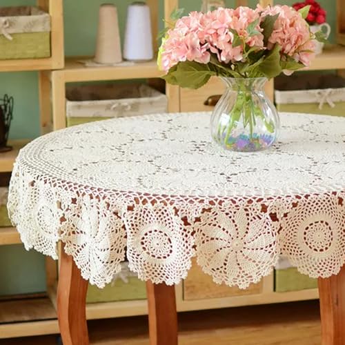 Handgemachte Gehäkelte Tischdecke, Abwaschbar Runde Tischdecke Aus Baumwolle, Beige Tischdekoration, Vintage Tischsets für Esszimmer, Gartentisch, Hochzeiten und Party (140 cm) von Oriental riverkit