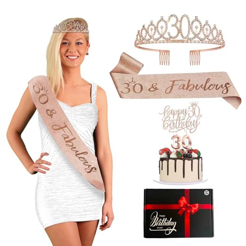 Bday® Geburtstagsset 30 Jahre Frau | Miss Schal Rosa Gold | Kronendiadem mit Strass | Kerzen Zahl 30 | Unvergessliches Partyzubehör | Dekoration Geburtstage Mädchen | Deko | OriginalCorner® von Original Cup
