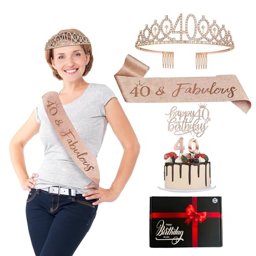 Bday® Geburtstagsset 40 Jahre Frau | Miss Schal Rosa Gold | Kronendiadem mit Strass | Kerzen Zahl 40 | Unvergessliches Partyzubehör | Dekoration Geburtstage Mädchen | Deko | OriginalCorner® von Original Cup