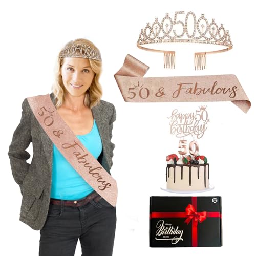Bday® Geburtstagsset 50 Jahre Frau | Miss Schal Rosa Gold | Kronendiadem mit Strass | Kerzen Zahl 50 | Unvergessliches Partyzubehör | Dekoration Geburtstage Mädchen | Deko | OriginalCorner® von Original Cup