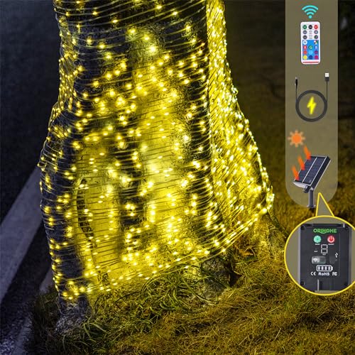 Orihome Lichterkette, Solarbetriebenen/USB-Aufladen, Außengarten-Lichterkette, Fernbedienung, gemäß IP65 waterdichter Draht-Licht mit eine wiederwickelbare Spule (200LED/22m, Warmweiß) von Orihome