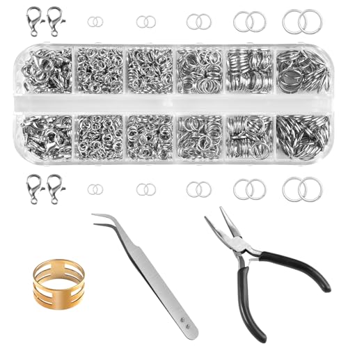 1200 Stück Schnallen Biegeringe Set mit Sprungringöffner, Pinzette 4/5/6/7/8/10 mm Offener Biegeringe, Schmuckringel, Schmuck Reparatur Set Kettenverschluss für DIY Halskette Armband, Silber von Orixo