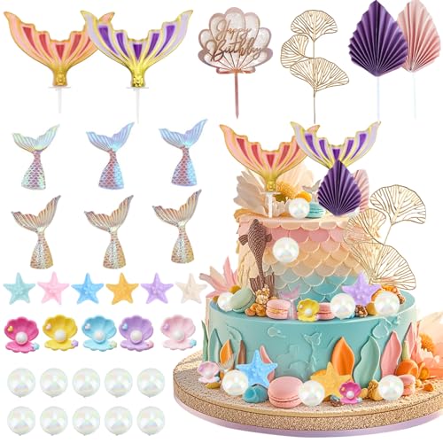 33 Stück Meerjungfrau-Kuchenaufsätze, Prinzessinnen-Kuchenaufsätze, Meerjungfrauen-Party-Dekorationen, große Meerjungfrauenschwanz, Seetang, Muscheln und goldene Ginkgoblätter für Mädchen, 33 Stück Meerjungfrau-Kuchenaufsätze, Prinzessinnen-Kuchenaufsätze, Meerjungfrauen-Party-Dekorationen, große Meerjungfrauenschwanz, Seetang, Muscheln und goldene Ginkgoblätter für Mädchen, von Orizizhic