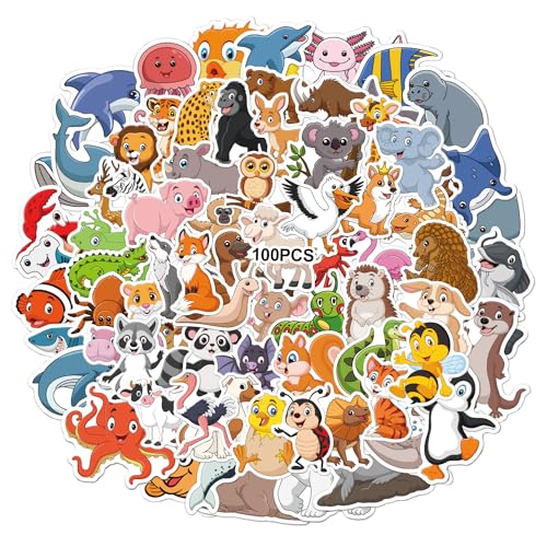 100 Stück Tier Sticker, Dschungel Tiermuster Aufkleber, Lustige Aesthetic Stickers, Wasserdichte Bunte Tiere Sticker für Macbook, Scrapbook, Wasserflasche, Kinder von Ormromra