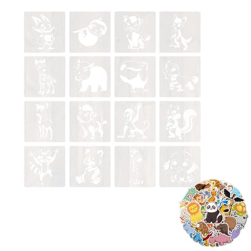 16 Stück Zeichenschablonen, 15 * 15cm Malerei Schablonen, Niedliches Tier Schablonen Stencils Set für DIY Geschenkkarten, DIY Sammelalben(Kommt mit 40 Tieraufklebern) von Ormromra