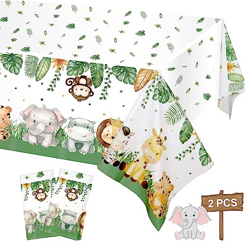 2 Stück Tiere Dschungel Tischdecke, 108×180CM Safari Geburtstag Wasserdicht Tischdecke, Waldtiere Einweg Plastik Tischdecke, Themen Party Zubehör für Party Deko, Babyparty Geburtstag Junge von Ormromra