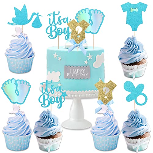 26 Stück Baby Boy Cupcake Toppers, It's a Boy Cake Topper, Geburtstag Baby Shower Party Deko, Glitter Jumpsuit Dekorationen, Blau Gender Reveal Topper Deko von Ormromra