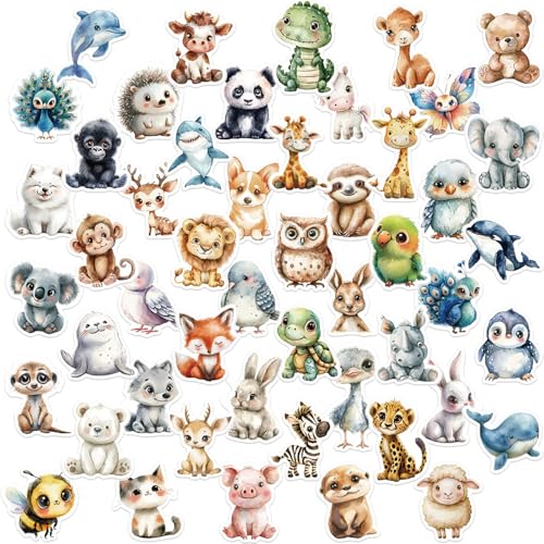 50 Stück Tiere Sticker Set, Vinyl Stickers mit Niedlichen Aquarellen Tiere Motiven, Wasserfeste Vinyl Stickers für DIY Dekoration, Wasserfeste Aufkleber für Laptop, Telefon, Wasserflasche von Ormromra