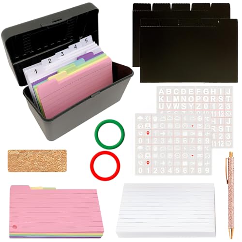 Karteikasten Schwarz Box, 350 Karten Bunt Liniert mit Stift, Karteibox Lernbox inkl, Pocket Beschriftete für Büro, Schulsachen, Zuhause, Notizen, Lernen von Ormromra