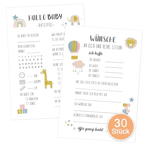 Ormromra 30 Stück Babyparty Spiele Karten, Baby Tippkarten für Jungen und Mädchen, Ratespiel Karten zum Ausfüllen, Tolles Ratespiel für Babyparty,Gender Reveal Feier (Beidseitig Bedruckt,Deutsch) von Ormromra