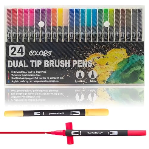 Ormromra Dual Brush Pen Set, 24 Farben Doppelfasermaler, Pinselstifte Aquarell Marker Fineliner, Tinte auf Wasserbasis Filzstifte für Aquarell Watercolo Bullet Journal Ormromra Dual Brush Pen Set, 24 Farben Doppelfasermaler, Pinselstifte Aquarell Marker Fineliner, Tinte auf Wasserbasis Filzstifte für Aquarell Watercolo Bullet Journal von Ormromra