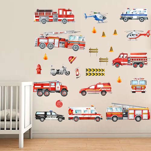 Wandtattoo Feuerwehrauto Wandaufkleber Fahrzeuge Set, Junge Babyzimmer Wanddeko, Cartoon Fahrzeuge Wandaufkleber, Schlafzimmer Spielzimmer Wand Deko, Wandsticker Kinderzimmer Jungen Selbstklebend von Ormromra