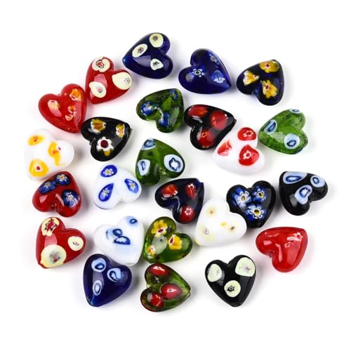 Ornazy 100 Stück bunte Millefiori-Herzperlen mit Mustern, Lampwork-Glasperlen für Schmuckherstellung, Halskette, Basteln von Ornazy