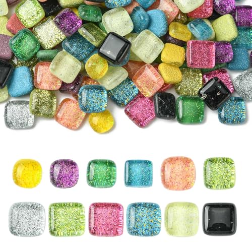 Ornazy 180 Stück gemischte Farben, Würfel-Cabochons, Glitzerkristall, quadratische Glasstücke für handgefertigte Kunstprojekte, Heimdekoration von Ornazy