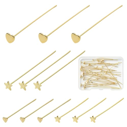 Ornazy 40 Stück Messing-Sternkopfnadeln in eleganter goldener Farbe, flache Herz-Perlennadeln für Schmuckherstellung, Bastelprojekte Ornazy 40 Stück Messing-Sternkopfnadeln in eleganter goldener Farbe, flache Herz-Perlennadeln für Schmuckherstellung, Bastelprojekte von Ornazy