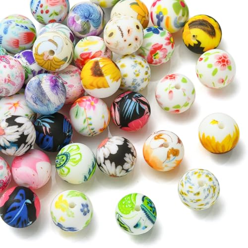 Ornazy 50 Stück zufällige 15 mm runde Silikon-Perlen, bunte Kaugummi-Perlen mit Blumendruck, klobige Kaugummi-Perlen für Halsketten, Armbänder, Bastelbedarf Ornazy 50 Stück zufällige 15 mm runde Silikon-Perlen, bunte Kaugummi-Perlen mit Blumendruck, klobige Kaugummi-Perlen für Halsketten, Armbänder, Bastelbedarf von Ornazy
