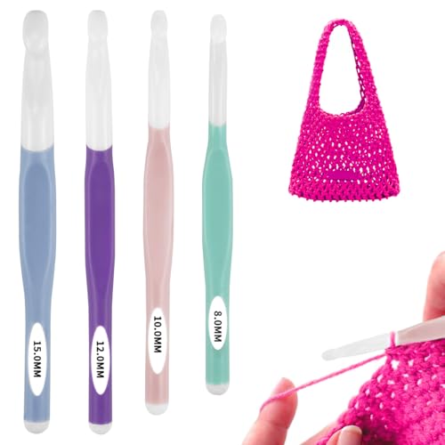4 Stück Große häkelnadel Set (8 mm 10 mm 12 mm 15 mm) mit ABS Häkeln Kopf, TPR Häkelgriff, Häkelnadel Set Ergonomisch, Profis Komfortgriff Häkelnadel zum Anfänger Kinder für Pullover Schals Teppich von Ortviai