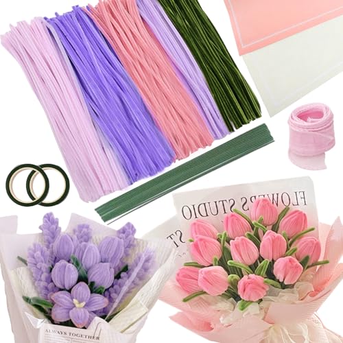 Orvilsen Pfeifenreiniger Blumen Set 450 Stück Pfeifenputzer Zum Basteln 5 Farben Pipe Cleaner Mit 30 Grüne Blumendrähte, Klebeband, Klebestifte, Geschenkband Geschenkpapier (Rosa Lila Grün) von Orvilsen