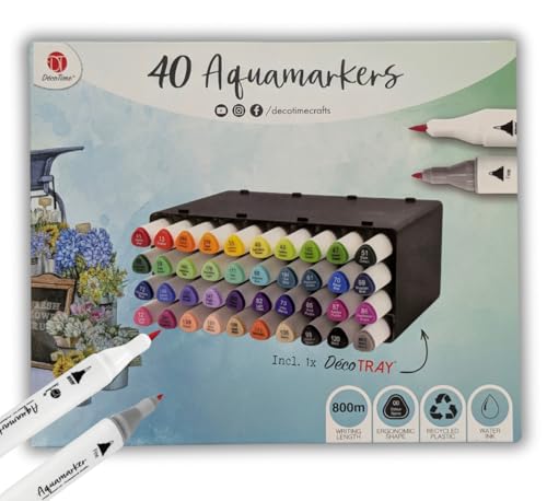 OsoRetail DecoTime Aquamarkers – Set mit 40 Farben + DecoTRAY | Filzstifte mit doppelter Spitze auf Wasserbasis (800 m) | ergonomischer Körper aus recyceltem Kunststoff für Lettering, Scrap und von OsoRetail