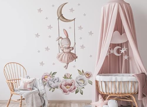 Osomhome Wandtattoo Kinderzimmer Mädchen & Junge: Hase & Mond (120x110cm) | Kinderzimmer & Babyzimmer Deko | Wandsticker & Wanddeko Kinderzimmer | Wandaufkleber Kinderzimmer Wall Stickers os2458 von Osomhome