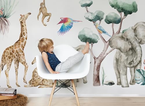 Osomhome Savanna Spirit L Wandaufkleber für Kinder, Safari, Savanne, Giraffe, Gepard, Affen, Tiger, Elefant, Bäume, Aquarell (os4052) von Osomhome