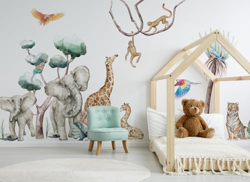 Osomhome | SAVANNA SPIRIT | Wandtattoo Kinderzimmer Wandsticker | Babyzimmer Wanddeko Tapete | Dschungel Selbstklebend Wandbilder | Savanna Tiere Junge Mädchen Wohnzimmer | os4051 370x180 cm von Osomhome