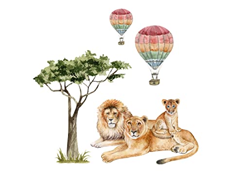 Osomhome Wandtattoo Dschungeltiere 140x150cm - Safari, Savanne, Löwe, Löwin, tropische Bäume, Heißluftballons, Jungen Kinderzimmer Wandaufkleber Bilder von Osomhome