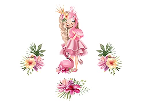 Osomhome Wandtattoo Kinderzimmer Mädchen Prinzessin mit Flamingo (140x130cm) | Kinderzimmer Deko Babyzimmer Wanddeko | Wandaufkleber Wandbild Kinderbilder Wandsticker | Blumen Blumenkrone os6630 von Osomhome