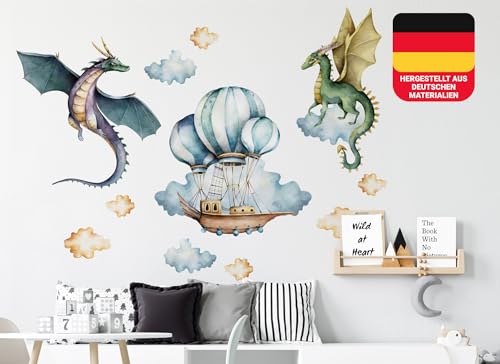 Osomhome Wandtattoo Kinderzimmer Mädchen & Junge: Drachen & Flugschiff (120x100cm) | Kinderzimmer & Babyzimmer Deko | Wandsticker & Wanddeko Kinderzimmer | Wandaufkleber, Wall Stickers os9605 von Osomhome