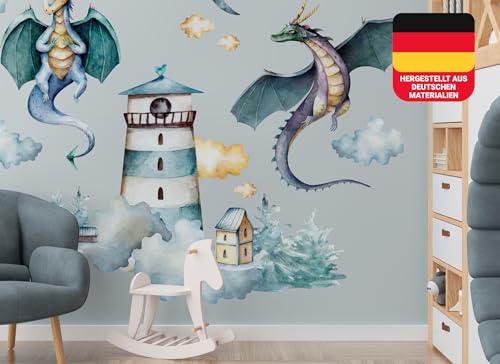 Osomhome Wandtattoo Kinderzimmer Mädchen & Junge: Drachen & Leuchtturm (190x140cm) | Wandsticker & Wanddeko Kinderzimmer | Wandaufkleber, Wall Stickers os9602 von Osomhome