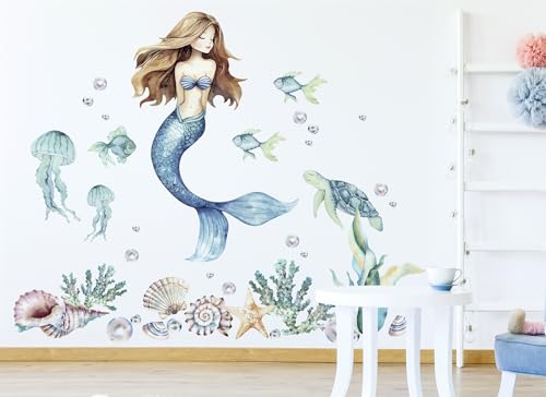 Osomhome |Wandtattoo Kinderzimmer Wandsticker | Wanddeko Babyzimmer | Schlafzimmer Junge Mädchen Selbstklebend (Blau Meerjungfrau, XL) von Osomhome