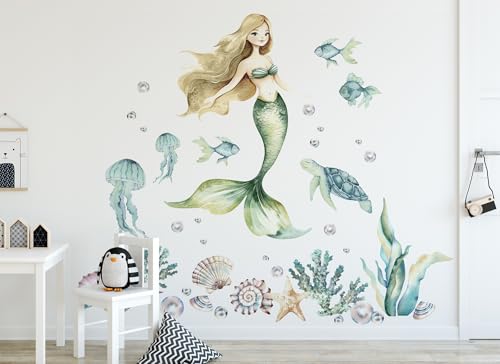 Osomhome |Wandtattoo Kinderzimmer Wandsticker | Wanddeko Babyzimmer | Schlafzimmer Junge Mädchen Selbstklebend (Green Meerjungfrau, XL) von Osomhome