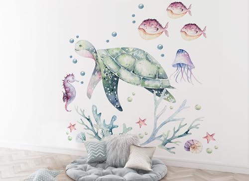 Osomhome |Wandtattoo Kinderzimmer Wandsticker | Wanddeko Babyzimmer | Schlafzimmer Junge Mädchen Selbstklebend | Schildkröte, Ozean, Korallenriff (Turtle, XL) von Osomhome