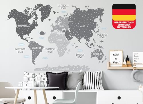 Osomhome - Wandtattoo Weltkarte Kinder - *Deutsch* [120x80cm] Pastellfarben Grau | Wandtattoo Kinderzimmer Junge & Mädchen, Wandsticker Kinderzimmer Jungen | World Map Wall Decoration | os5026 von Osomhome