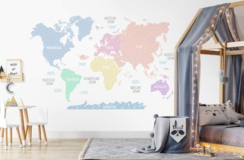 Osomhome Wandtattoo Weltkarte Pastellfarben Rosa Blau Grün Gelb (120x80cm) | World Map Wall Decoration Wandsticker | Deco Kinderzimmer Junge & Mädchen | Wandaufkleber Wandbild Kinderbilder os5021 von Osomhome