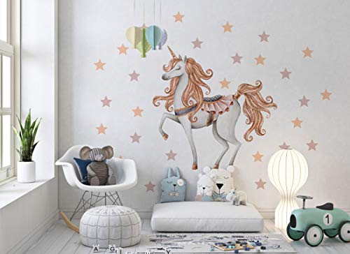 Wandaufkleber Einhorn Pastellfarben Wandbild I Sterne Kinderbilder Junge Kinderzimmer Mädchen Aufkleber Osomhome os2001 (120 x 120 cm) von Osomhome