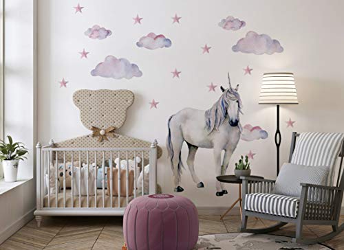 Wandaufkleber Einhorn Wandbild I Sterne Wolken Kinderbilder Junge Kinderzimmer Mädchen Aufkleber Osomhome os2024 (160 x 116 cm) von Osomhome
