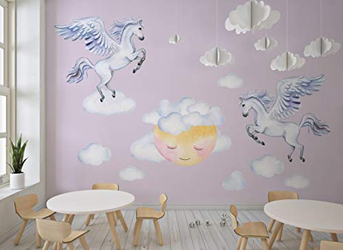Wandaufkleber Pegasus Wandbild I Wolken Mond Kinderbilder Junge Kinderzimmer Mädchen Aufkleber Osomhome os2042 (240 x 170 cm) von Osomhome