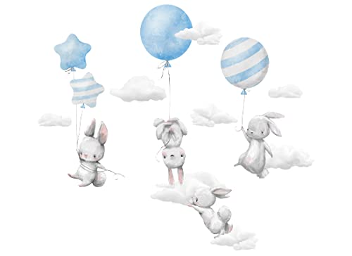 Wandaufkleber für Kinder, Hasen mit Luftballons, Tiere, Wolken, blau, Kinderbilder Junge Kinderzimmer Mädchen Aufkleber Osomhome, 100x50cm von Osomhome