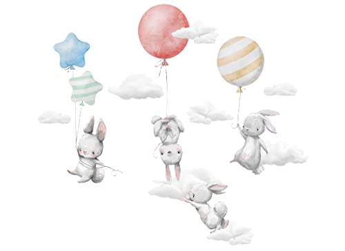 Wandaufkleber für Kinder, Hasen mit Luftballons, Tiere, Wolken, mehrfarbig, Kinderbilder Junge Kinderzimmer Mädchen Aufkleber Osomhome, 100x50cm von Osomhome