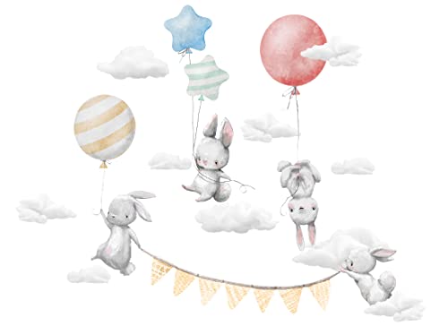 Wandaufkleber für Kinder, Hasen mit Luftballons, Tiere, Wolken, mehrfarbig, Kinderbilder Junge Kinderzimmer Mädchen Aufkleber Osomhome von Osomhome