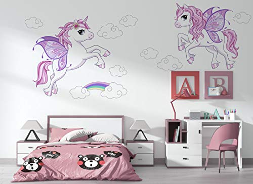 Wandaufkleber rosa Einhorn Wandbild I Regenbogen Wolken Kinderbilder Junge Kinderzimmer Mädchen Aufkleber Osomhome os2142 (230x134cm) von Osomhome