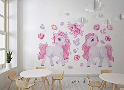 Wandaufkleber rosa Einhorns Wandbild I Blumen Kinderbilder Junge Kinderzimmer Mädchen Aufkleber Osomhome os2034 (185x116cm) von Osomhome