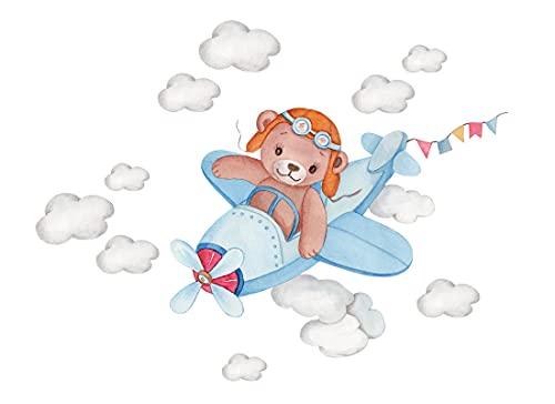 Wandtattoo Bär im Blau Flugzeug I Wolken Kinderbilder Junge Kinderzimmer Mädchen Aufkleber Osomhome (130x100cm) os7882 von Osomhome