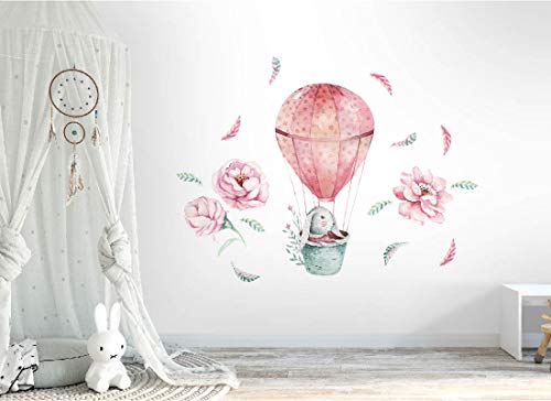 Wandtattoo Hase I Blumen Heißluftballon Feder Kinderbilder Junge Kinderzimmer Mädchen Aufkleber Osomhome os8837 (205x155cm) von Osomhome