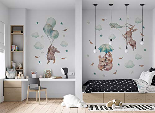 Wandtattoo Hasen I Wolken Luftballon Sterne Drachen Schirm Kinderbilder Junge Kinderzimmer Mädchen Aufkleber Osomhome os2406 (146x123cm) von Osomhome