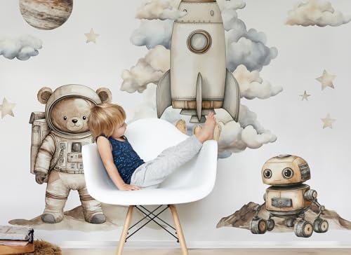Wandtattoo Kosmos Mond Sonnensystem Astronaut Sterne Kinderbilder Junge Kinderzimmer Mädchen Aufkleber Osomhome | Weltraum, Rakete, Teddybär-Astronaut (Teddybär, M) von Osomhome